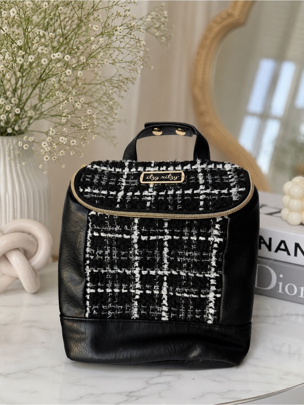 Itzy Ritzy Black & White Plaid Backpack Diaper Bag Polyurethane Inner Pockets